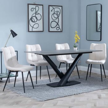 Clearance - Maldon Grey Ceramic 6 Seater 160cm Dining Set with Corona Beige Fabric Dining Chairs