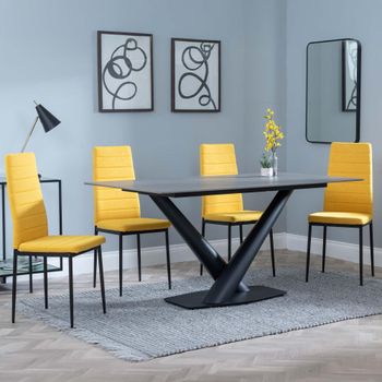 Clearance - Maldon Grey Ceramic 6 Seater 160cm Dining Set with Lido Yellow Chairs with Black Legs
