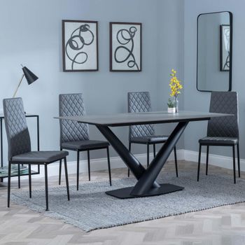 Clearance - Maldon Grey Ceramic 6 Seater 160cm Dining Set with Metro Grey Chairs & Black Legs