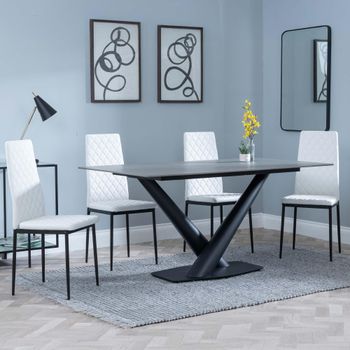 Clearance - Maldon Grey Ceramic 6 Seater 160cm Dining Set with Metro White Chairs & Black Legs