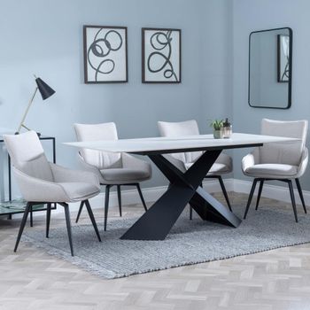 GET 2 CHAIRS FREE - Merlin White Ceramic 6-8 Seater 180cm Dining Set with Ace Beige Swivel Chairs