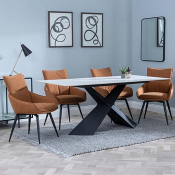 Merlin White Ceramic 6-8 Seater 180cm Dining Set with Ace Swivel Orange Fabric Dining Chairs