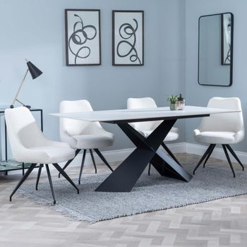 GET 2 CHAIRS FREE - Merlin White Ceramic 6-8 Seater 180cm Dining Set with Arctic Cream Swivel Chairs