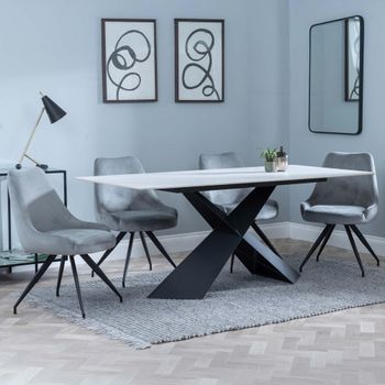 GET 2 CHAIRS FREE - Merlin White Ceramic 6-8 Seater 180cm Dining Set with Arctic Grey Swivel Chairs
