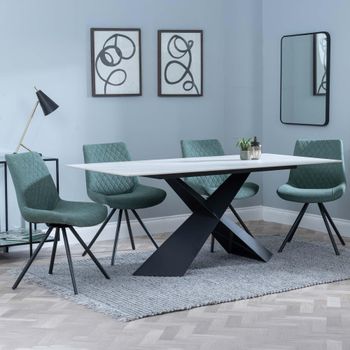 GET 2 CHAIRS FREE - Merlin White 6-8 Seater 180cm Dining Set with Boden Green Swivel Chairs