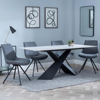 GET 2 CHAIRS FREE - Merlin White 6-8 Seater 180cm Dining Set with Boden Grey Swivel Chairs