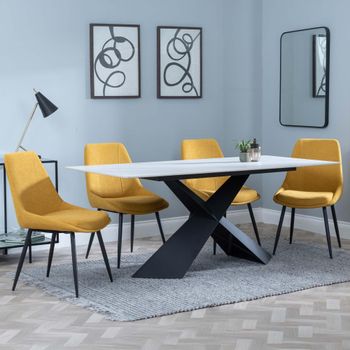 GET 2 CHAIRS FREE - Merlin White Ceramic 6-8 Seater 180cm Dining Set with Darwin Yellow Chairs