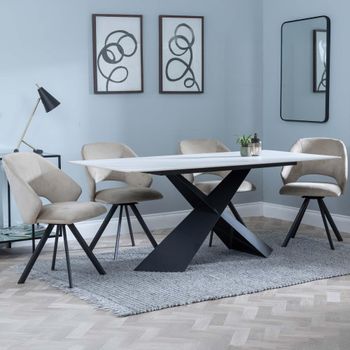 GET 2 CHAIRS FREE - Merlin White 6-8 Seater 180cm Dining Set with Ion Beige Swivel Chairs