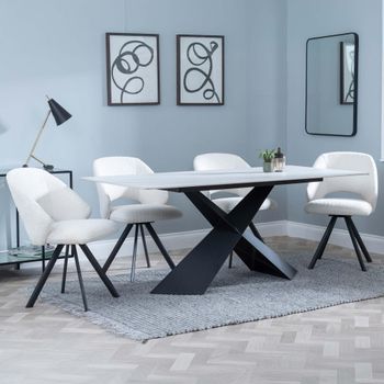 Merlin White Ceramic 6-8 Seater 180cm Dining Set with Ion Swivel Cream Boucle Teddy Chairs