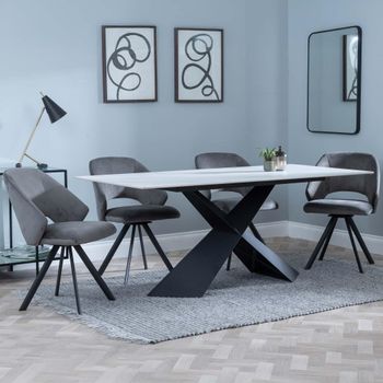 GET 2 CHAIRS FREE - Merlin White 6-8 Seater 180cm Dining Set with Ion Dark Grey Swivel Chairs