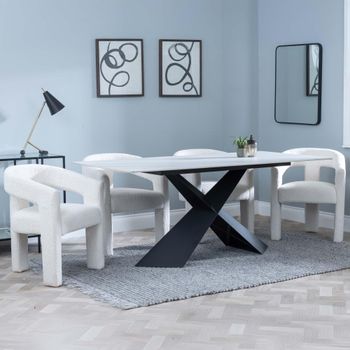 Merlin White Ceramic 6-8 Seater 180cm Dining Set with Kiefer Cream Boucle Fabric Dining Chairs