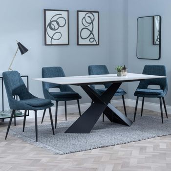 GET 2 CHAIRS FREE - Merlin White Ceramic 6-8 Seater 180cm Dining Set with Peyton Blue Fabric Chairs