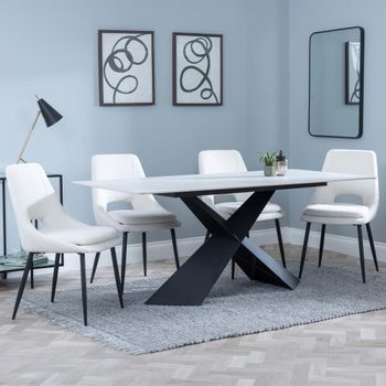 GET 2 CHAIRS FREE - Merlin White Ceramic 6-8 Seater 180cm Dining Set with Peyton Cream Fabric Chairs