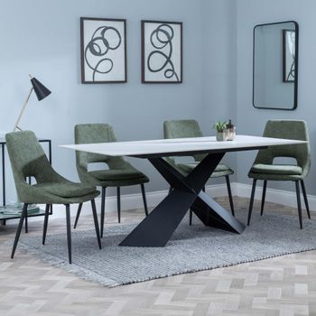 GET 2 CHAIRS FREE - Merlin White Ceramic 6-8 Seater 180cm Dining Set with Peyton Green Fabric Chairs