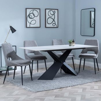 GET 2 CHAIRS FREE - Merlin White Ceramic 6-8 Seater 180cm Dining Set with Peyton Grey Fabric Chairs