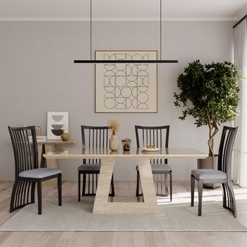 Milan Travertine Beige Marble 6 Seater 160cm Dining Set with Athena Black Gloss Chairs & Grey Pads
