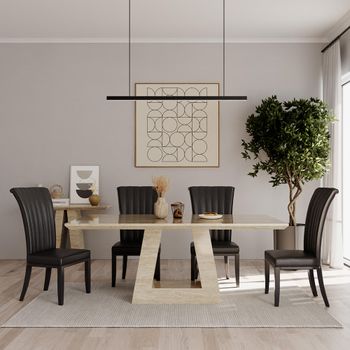 Milan Travertine Beige Marble 6 Seater 160cm Dining Set with Cadiz Black Leather Dining Chairs