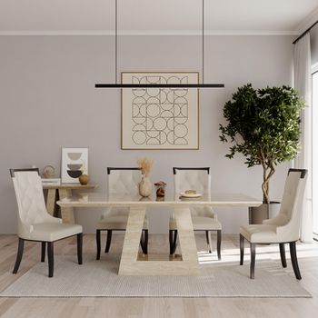 Milan Travertine Beige Marble 6 Seater 160cm Dining Set with Carmela Cream Leather Dining Chairs