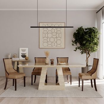 Milan Travertine Beige Marble 6 Seater 160cm Dining Set with Paris Taupe Leather Chairs & Brown Legs