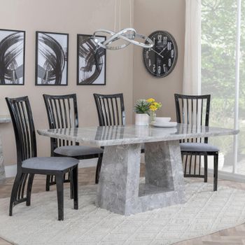 Milan Grey Marble 6 Seater 160cm Dining Set with Athena Black Gloss Chairs & Grey Seat Pads
