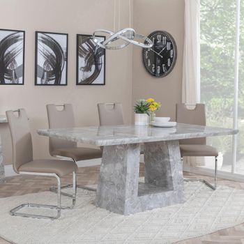 Milan Grey Marble 6 Seater 160cm Dining Set with Bianco Beige Faux Leather Dining Chairs