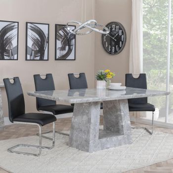 Milan Grey Marble 6 Seater 160cm Dining Set with Bianco Black Faux Leather Dining Chairs