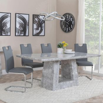 Milan Grey Marble 6 Seater 160cm Dining Set with Bianco Grey Faux Leather Dining Chairs
