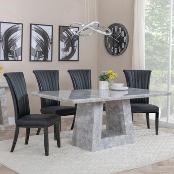 Milan Grey Marble 6 Seater 160cm Dining Set with Cadiz Black Leather Dining Chairs