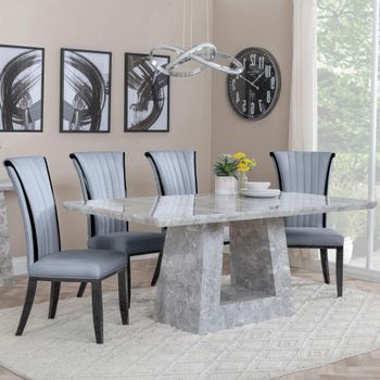 Milan Grey Marble 6 Seater 160cm Dining Set with Cadiz Grey Leather Dining Chairs
