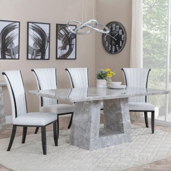 Milan Grey Marble 6 Seater 160cm Dining Set with Cadiz White Leather Dining Chairs