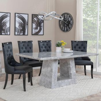 Milan Grey Marble 6 Seater 160cm Dining Set with Carmela Black Leather Dining Chairs