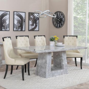 Milan Grey Marble 6 Seater 160cm Dining Set with Carmela Cream Leather Dining Chairs