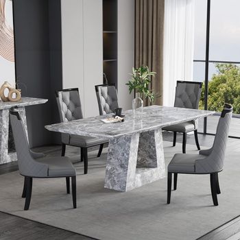 Milan Grey Marble 6 Seater 160cm Dining Set with Carmela Grey Leather Dining Chairs