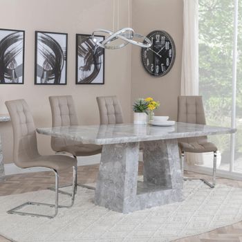 Milan Grey Marble 6 Seater 160cm Dining Set with Jamison Beige Faux Leather Dining Chairs