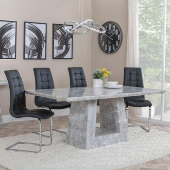 Milan Grey Marble 6 Seater 160cm Dining Set with Jamison Black Faux Leather Dining Chairs