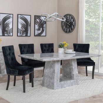 Milan Grey Marble 6 Seater 160cm Dining Set with Knocker Back Black Velvet Chairs & Black Legs