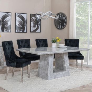 Milan Grey Marble 6 Seater 160cm Dining Set with Knocker Back Black Velvet Chairs & Chrome Legs