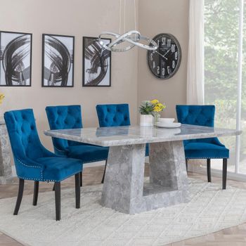 Milan Grey Marble 6 Seater 160cm Dining Set with Knocker Back Blue Velvet Chairs & Black Legs