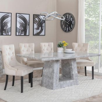 Milan Grey Marble 6 Seater 160cm Dining Set with Knocker Back Champagne Velvet Chairs & Black Legs
