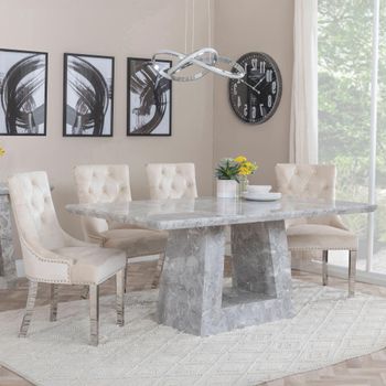 Milan Grey Marble 6 Seater 160cm Dining Set with Knocker Back Champagne Velvet Chairs & Chrome Legs