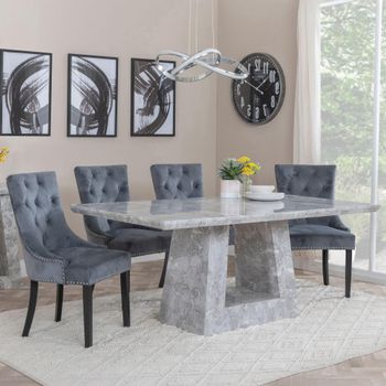 Milan Grey Marble 6 Seater 160cm Dining Set with Knocker Back Grey Velvet Chairs & Black Legs