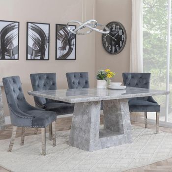 Milan Grey Marble 6 Seater 160cm Dining Set with Knocker Back Grey Velvet Chairs & Chrome Legs