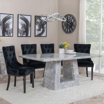 Milan Grey Marble 6 Seater 160cm Dining Set with Lion Knocker Back Black Chairs & Black Legs