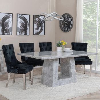Milan Grey Marble 6 Seater 160cm Dining Set with Lion Knocker Back Black Chairs & Chrome Legs
