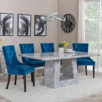 Milan Grey Marble 6 Seater 160cm Dining Set with Lion Knocker Back Blue Chairs & Black Legs
