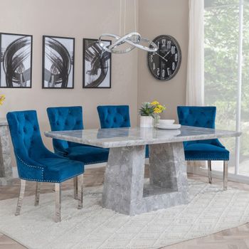 Milan Grey Marble 6 Seater 160cm Dining Set with Lion Knocker Back Blue Chairs & Chrome Legs