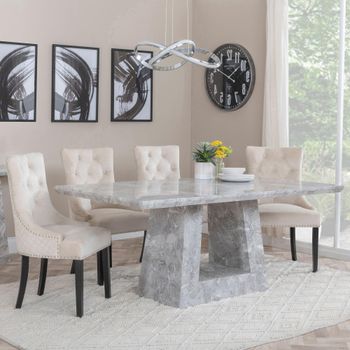Milan Grey Marble 6 Seater 160cm Dining Set with Lion Knocker Back Champagne Chairs & Black Legs