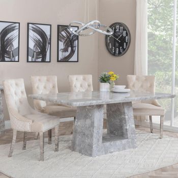 Milan Grey Marble 6 Seater 160cm Dining Set with Lion Knocker Back Champagne Chairs & Chrome Legs