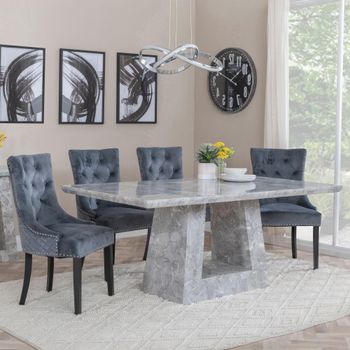 Milan Grey Marble 6 Seater 160cm Dining Set with Lion Knocker Back Grey Chairs & Black Legs