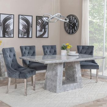 Milan Grey Marble 6 Seater 160cm Dining Set with Lion Knocker Back Grey Chairs & Chrome Legs
